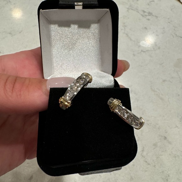 Omega-Back Two-Tone 14K gold Diamond Earrings - Picture 7 of 16